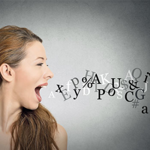 Woman with mouth open and letters flying out