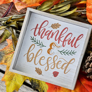 wooden sign saying, "thankful & blessed"