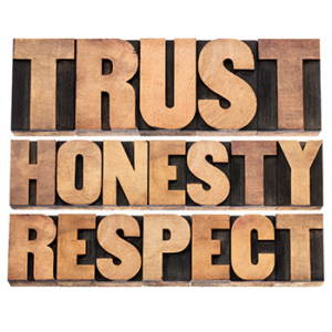 Block letters reading top to bottom: "trust honesty respect"