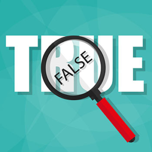 white block letters 'true' on a teal background with a magnifying glass on top saying 'false'
